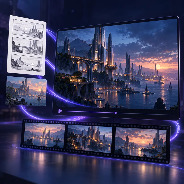 AI-generated workflow illustration connecting futuristic city storyboards and concept imagery to a cinematic video preview and filmstrip