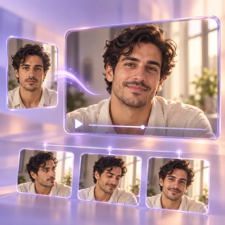 AI-generated workflow illustration linking a fictional adult man's portrait to an animated portrait preview with expression-frame thumbnails