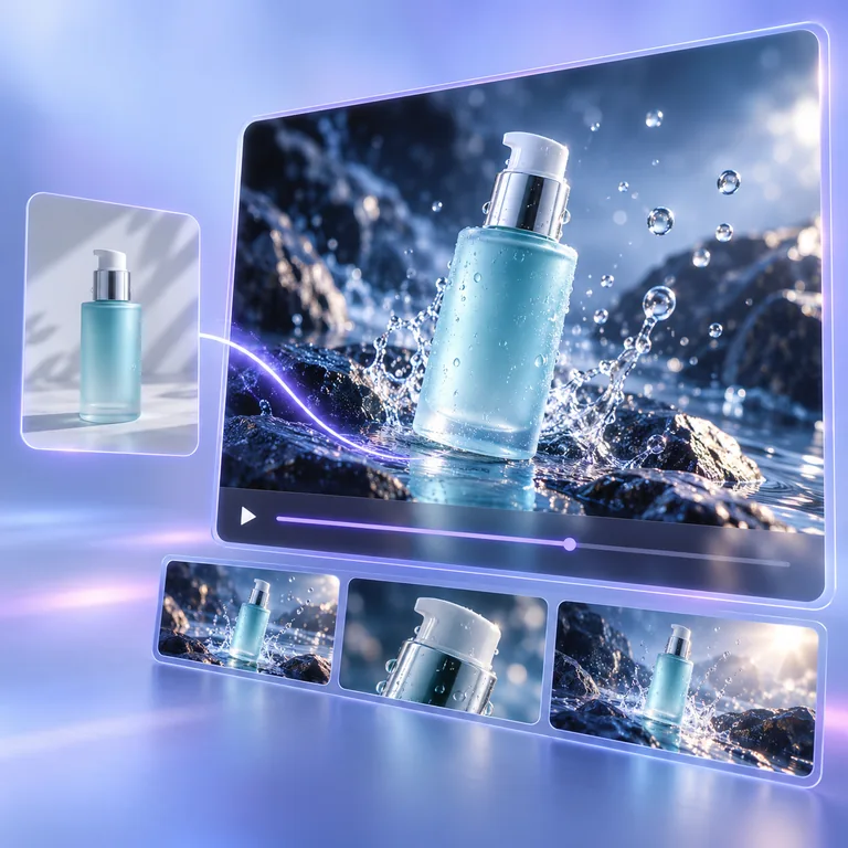 AI-generated workflow illustration connecting a skincare bottle source photo to a cinematic product video preview and filmstrip