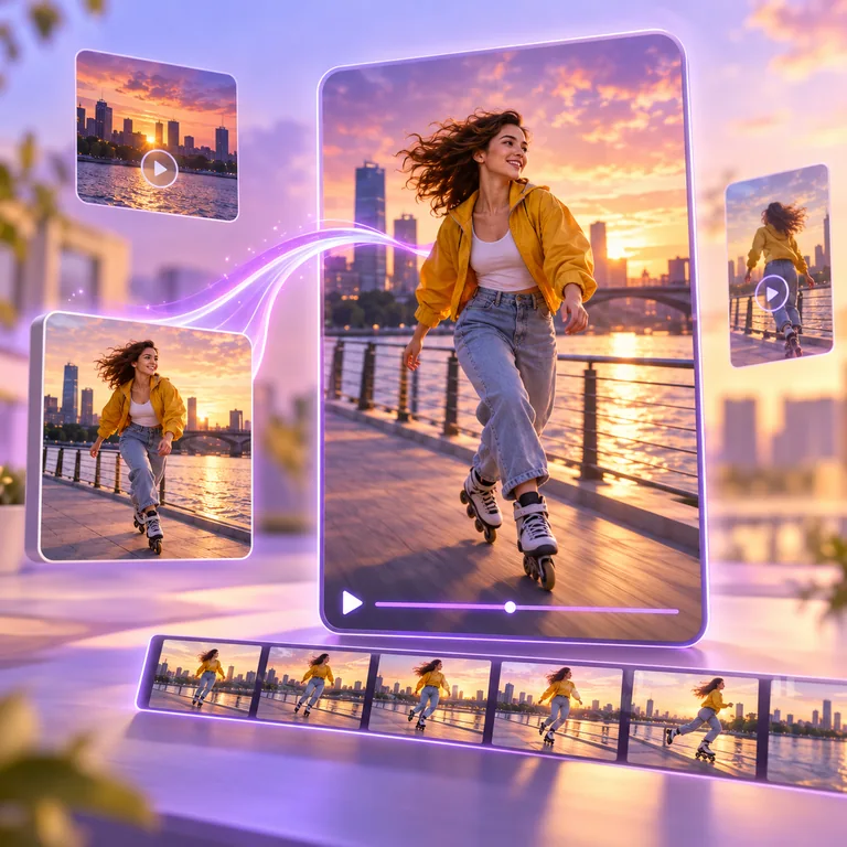 AI-generated workflow illustration of a roller-skating source image becoming a vertical social video concept with related frames and a timeline