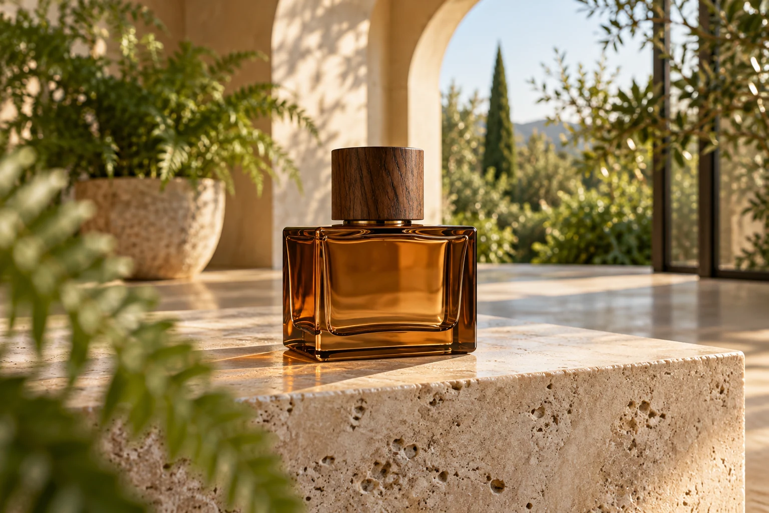 An AI-generated amber perfume bottle on a stone plinth with foreground leaves and a sunlit conservatory behind it