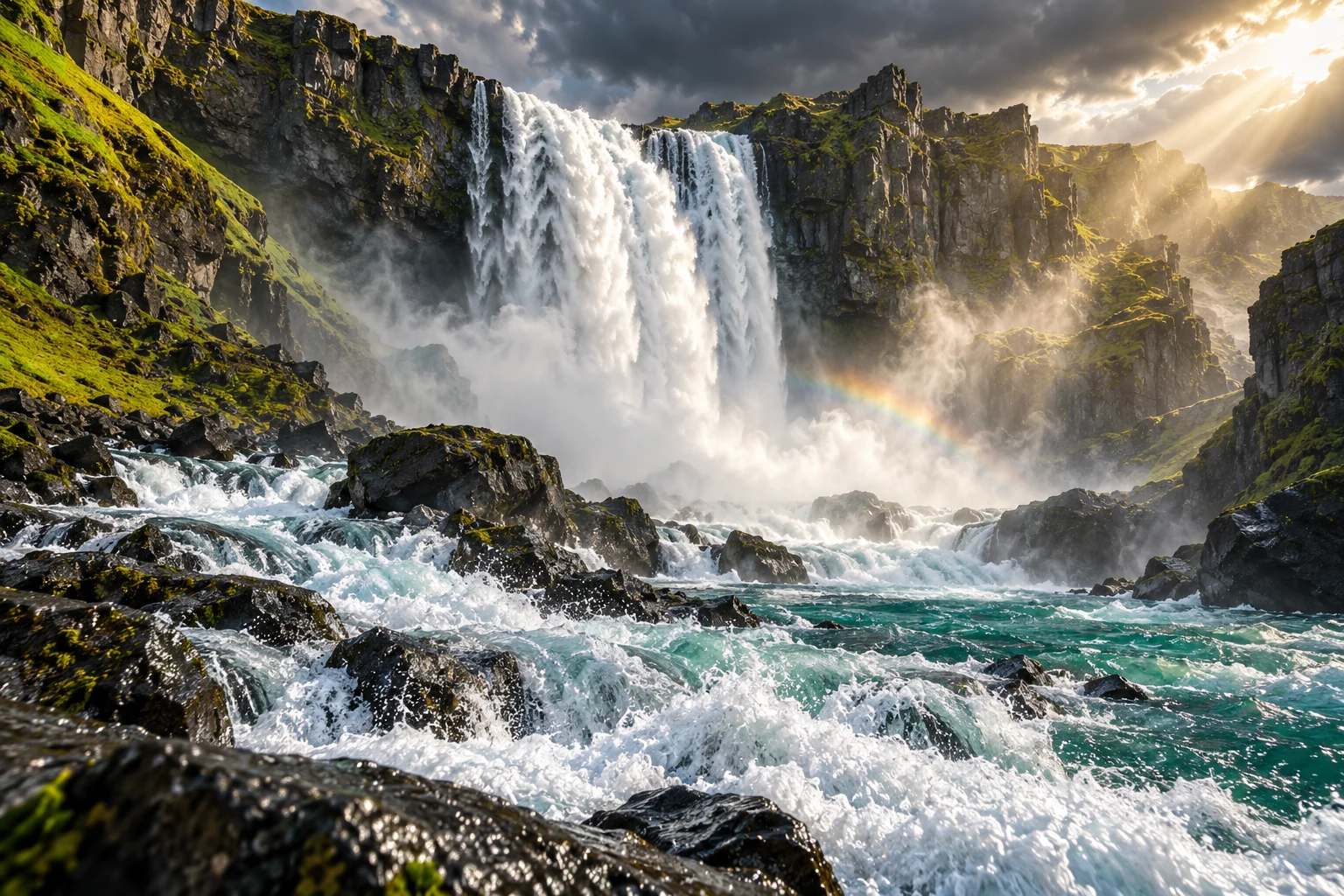 An AI-generated powerful waterfall in a basalt canyon with turquoise rapids, sunlit mist, and a rainbow