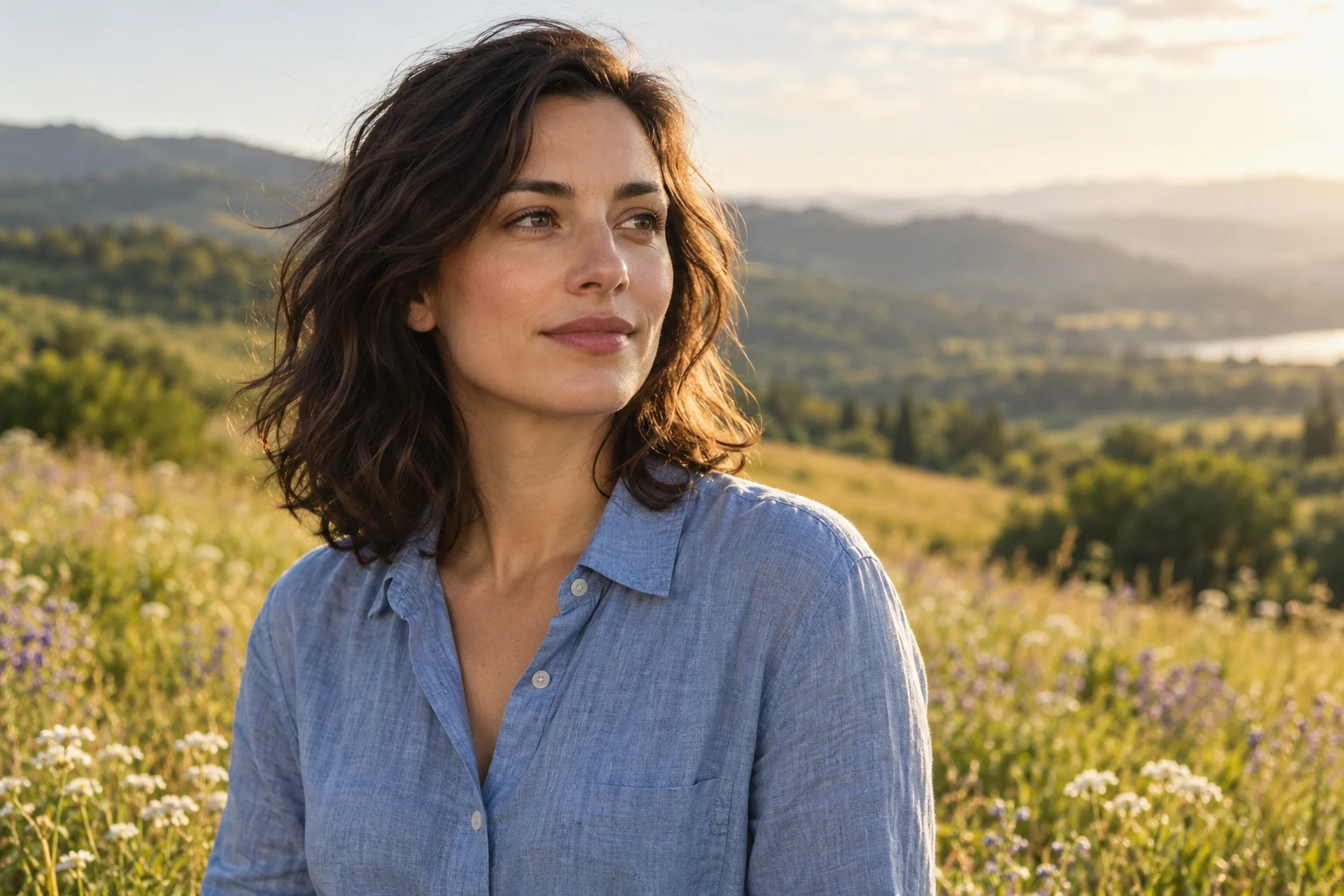 An AI-generated adult woman in a blue linen shirt in a sunlit meadow